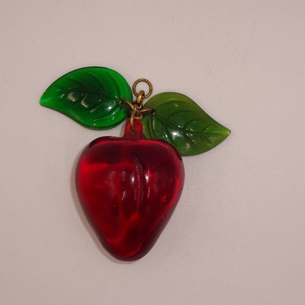 Vintage Lucite Jelly Belly Fruit Salad Strawberry Pendant with Veined Leaves